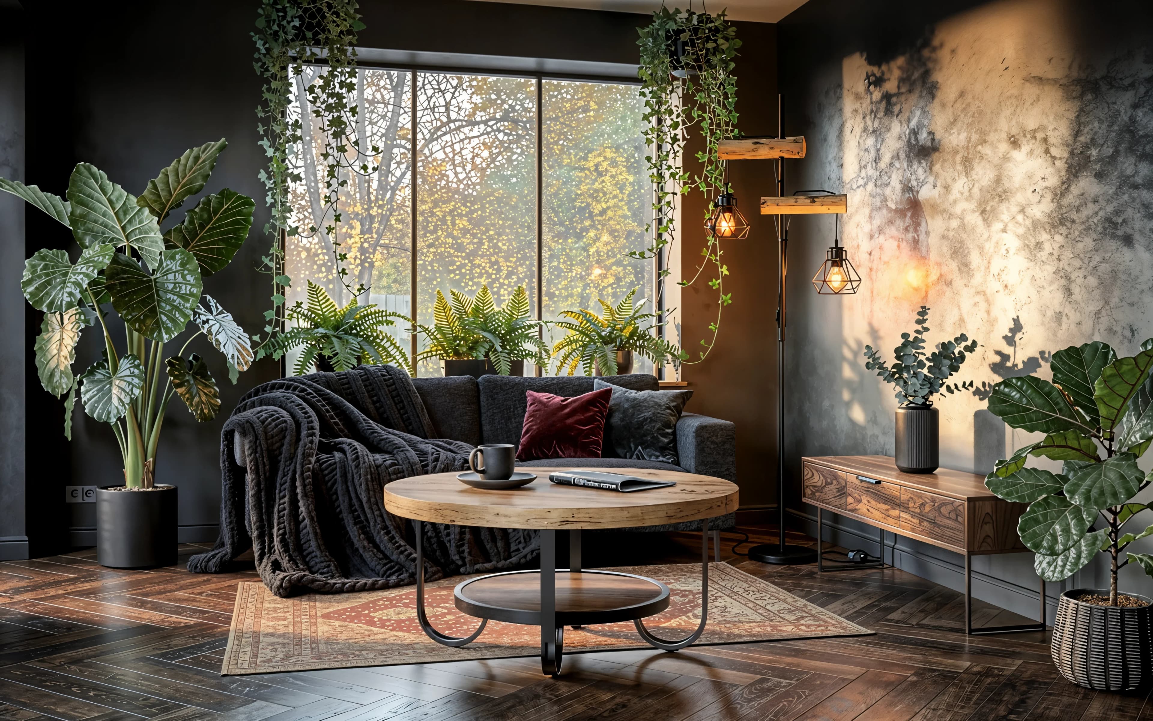 Dark botanical living room with charcoal sofa, chunky knit throw, honey oak coffee table, floor lamp with Edison bulbs and warm leaf shadows on the right wall